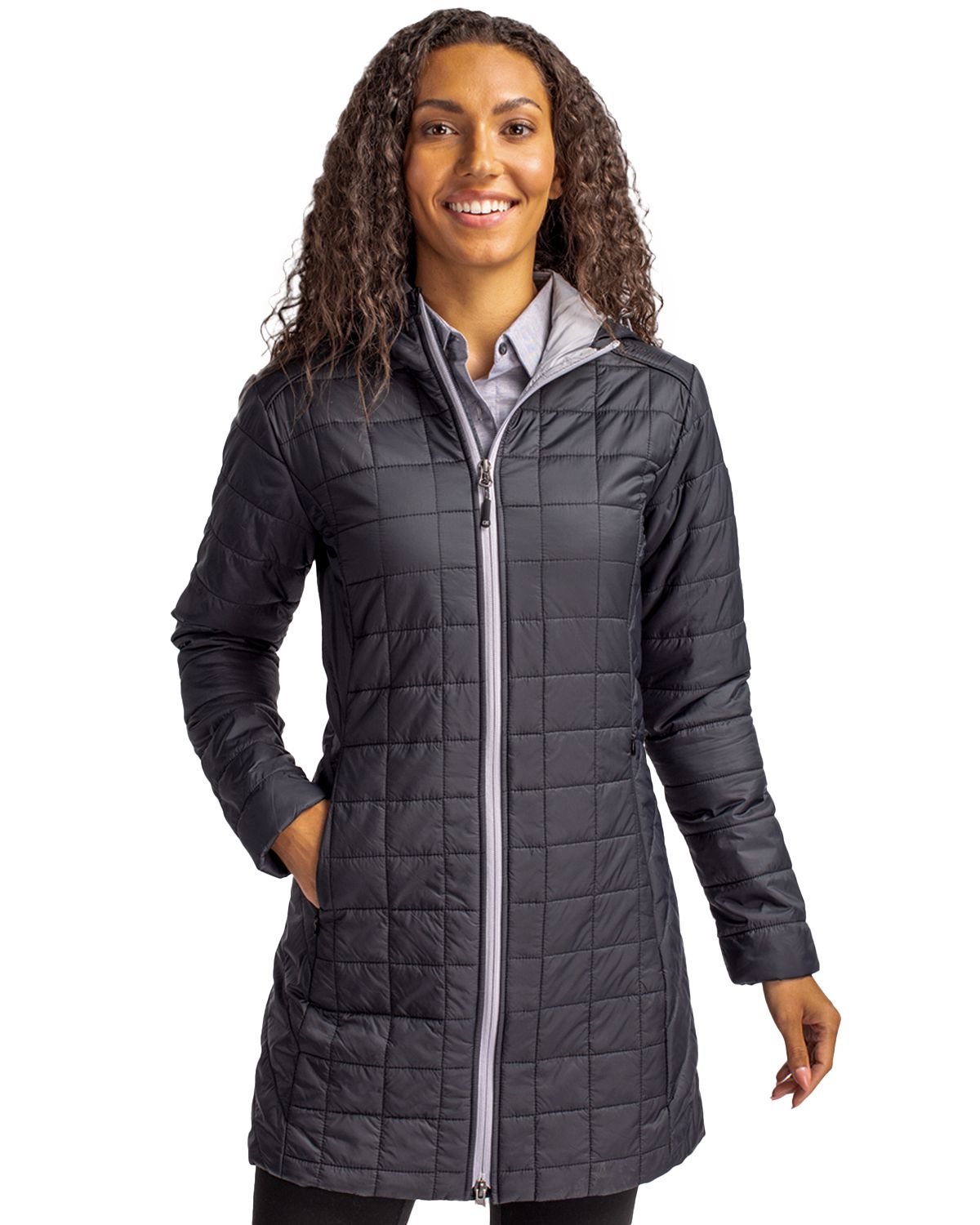 Cutter & Buck Rainier Recycled Insulated Puffer Womens Full Zip Hooded Long Coat
